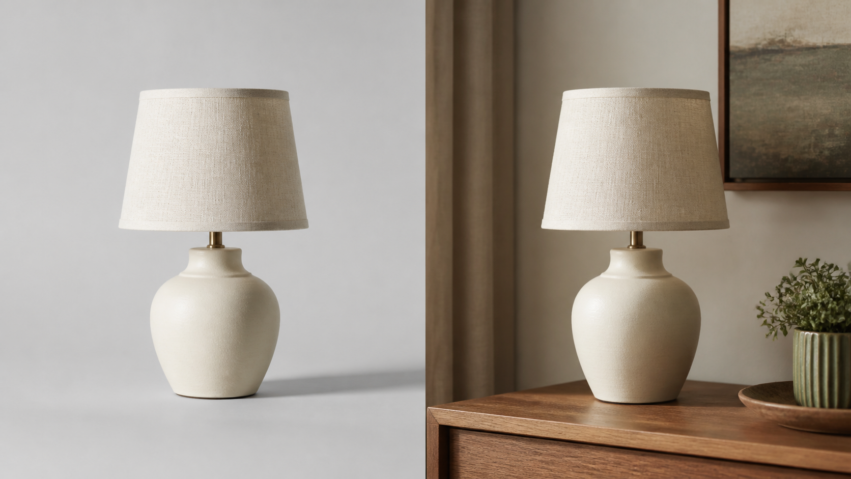 Before and after example showing a product isolated and placed into a new background scene